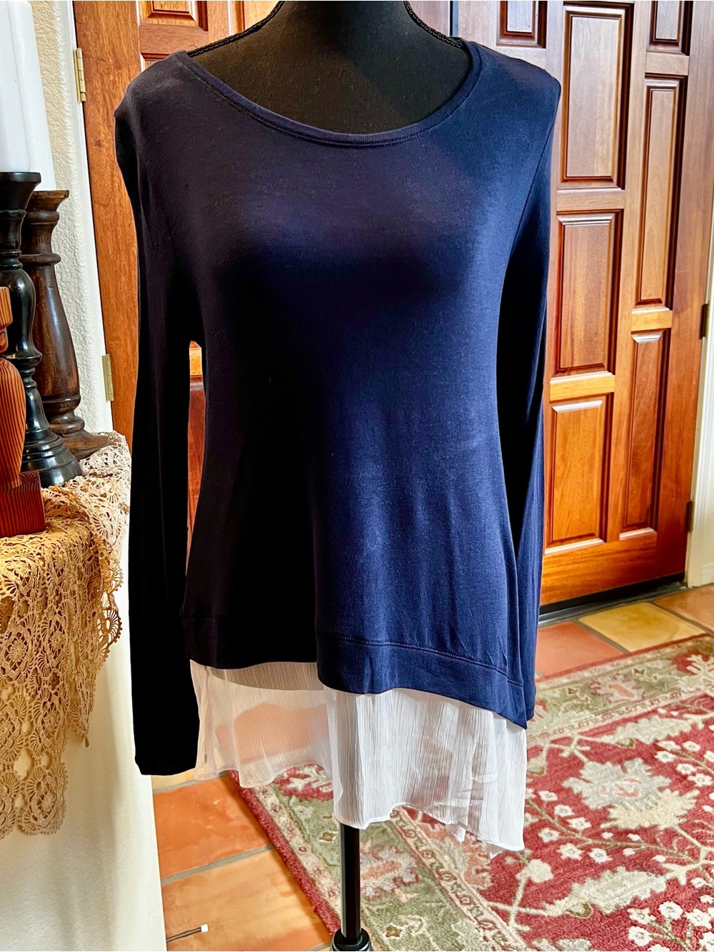 Matty M Navy Long-Sleeve Knit Top with White Chiffon Layer